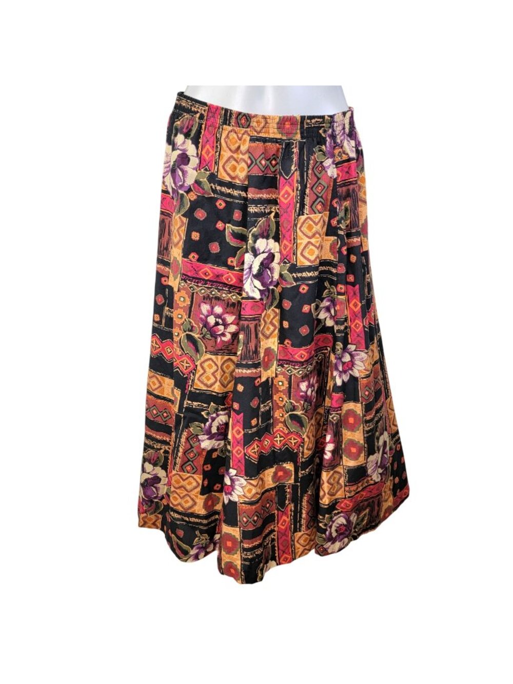 Vintage 80s Colorful Midi Skirt Women Large Orange Black Floral Bohemian 12 Fall